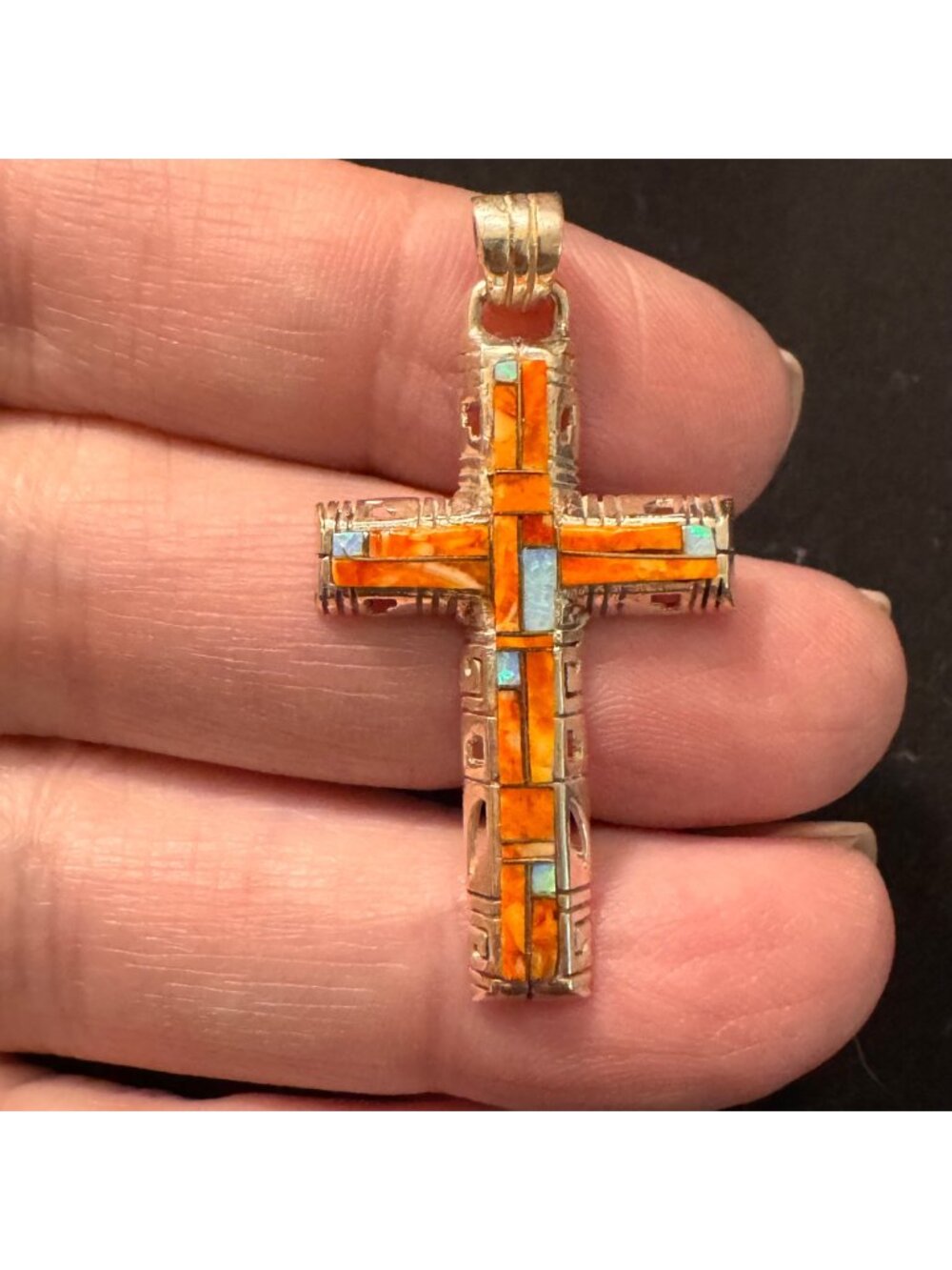 Sterling Silver 925 Spiny Oyster & Opal Cross Pendant Size 1.5" Length